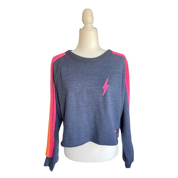 Aviator Nation Tops - NWOT - AVIATOR NATION Bolt Embroidery Cropped Crew Sweatshirt In Navy and Neon